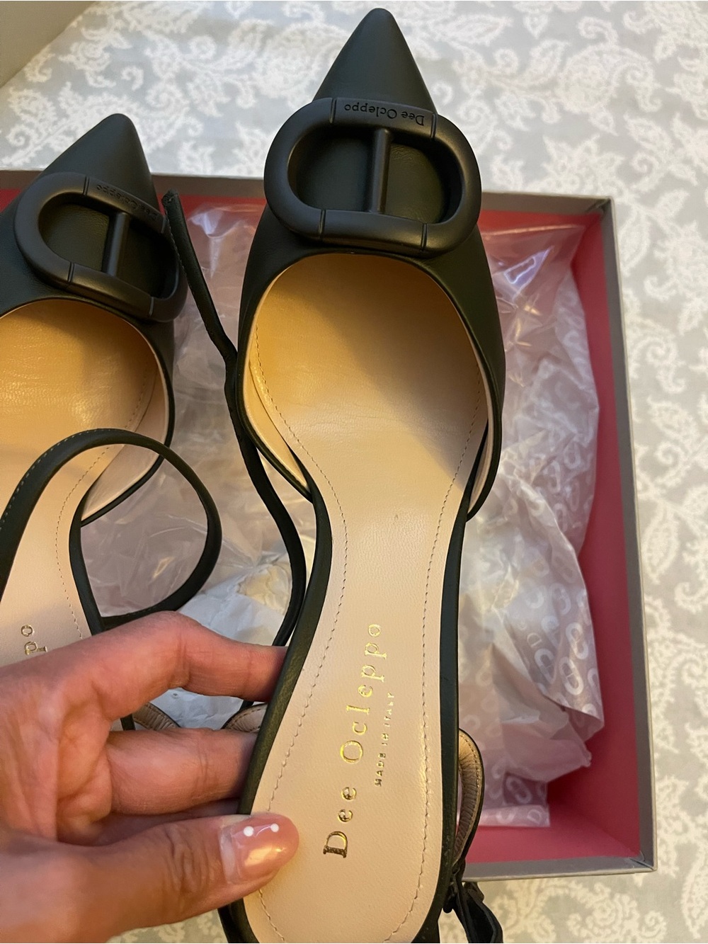 Dee Ocleppo- Pointed Leather Slingback Pumps-Nappa Military